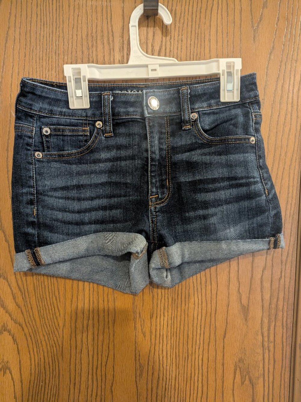 American Eagle Jean Shorts Dark Wash Rolled Hem High Rise Stretch Blue Denim-0